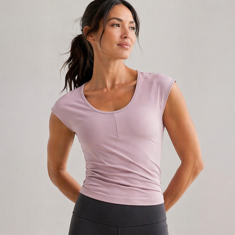 Athleta Bayview Wrap Top Womens XS Pink Ribbed Cap Sleeve Yoga Athleisure Ruched